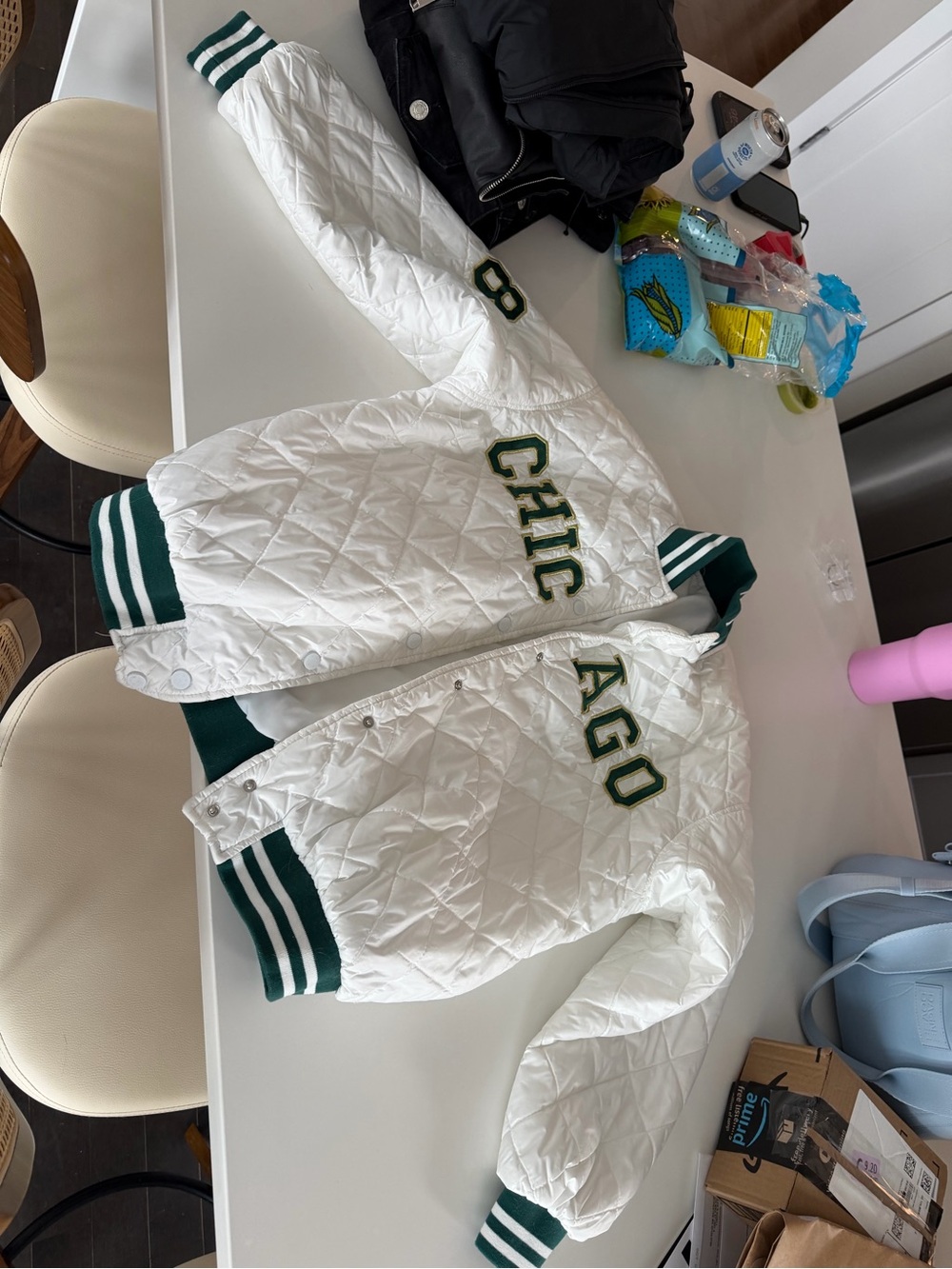 Quilted White Chicago Letterman Jacket with Green Trim